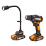 Комбо-набор: Дрель-шуруповерт  WORX WX101.9 + Фонарь  WORX WX028.9 20V, щеточная, 2xАКБ 2 А/ч и ЗУ + ящик с набором оснастки 35 шт.